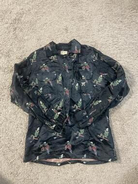 Pacific Shirt Womens Large Black Satin Embroidered Novelty Button Front Top